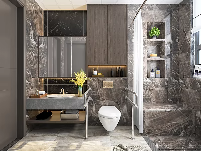 Modern Bathroom Interior Design With Marble Walls Vanity Mirror Lighting And Green Plant 3d model