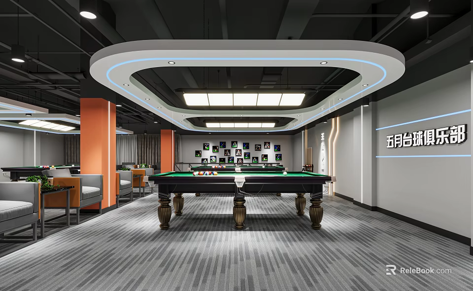 Modern Billiard Room Interior With Pool Table And Lounge Area 3d model 
