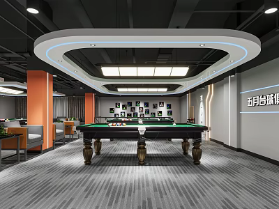 Modern Billiard Room Interior With Pool Table And Lounge Area 3d model