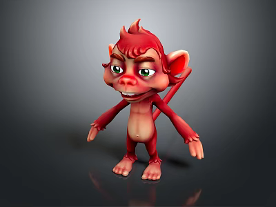 3D Cartoon Red Monkey Character With Green Eyes Playful Expression Standing Pose Slender Limbs 3d model