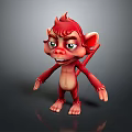3D Cartoon Red Monkey Character With Green Eyes Playful Expression Standing Pose Slender Limbs