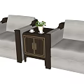 Beige Single Sofas with Dark Wooden Frame and Side Table Green Plant White Cups 3d model
