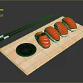Fresh Salmon Sushi Served On Wooden Tray With Chopsticks And Soy Sauce Dish