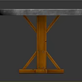 Round Wooden Tabletop With Silver Metal Edge And Cross Structure Wooden Legs