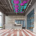 Industrial Style Restaurant With Neon Signs Chinese English Signs And Red White Striped Floor
