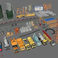Building Components With Heavy Machinery Concrete Trucks Steel Frames Pipes And Construction Crane