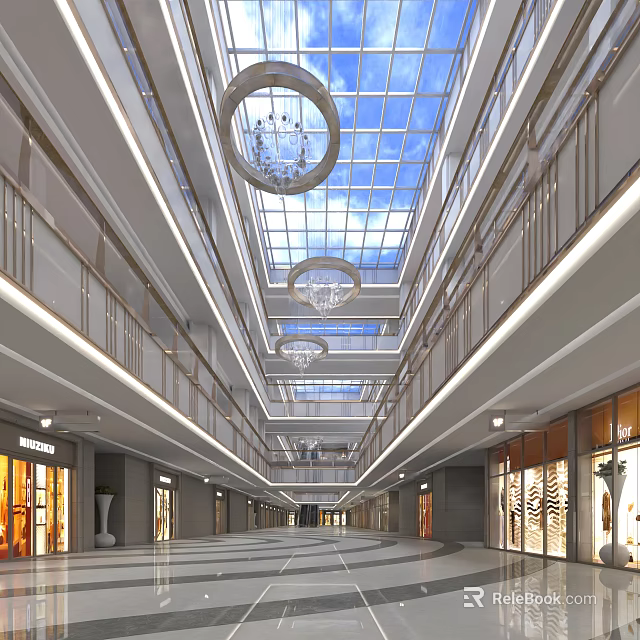 Modern Shopping Mall Atrium With Glass Skylight Chandeliers Multi Level Corridors And Storefronts 3d model 