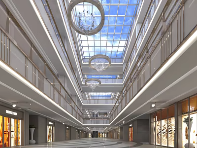 Modern Shopping Mall Atrium With Glass Skylight Chandeliers Multi Level Corridors And Storefronts 3d model