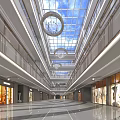 Modern Shopping Mall Atrium With Glass Skylight Chandeliers Multi Level Corridors And Storefronts