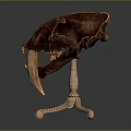 Prehistoric Animal Skull Display On Golden Three Legged Stand With Long Brown Fangs
