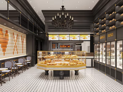 Luxury Dessert Shop Interior With Display Cases Chandelier Seating And Tile Floor 3d model