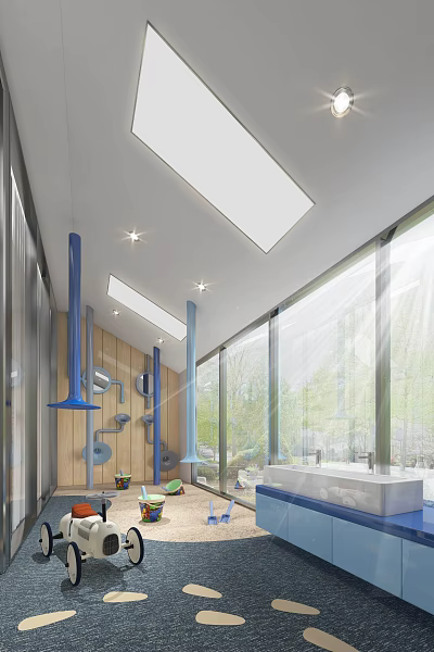 Modern Entertainment Room Interior With Large Windows Game Table And Comfortable Seating 3d model