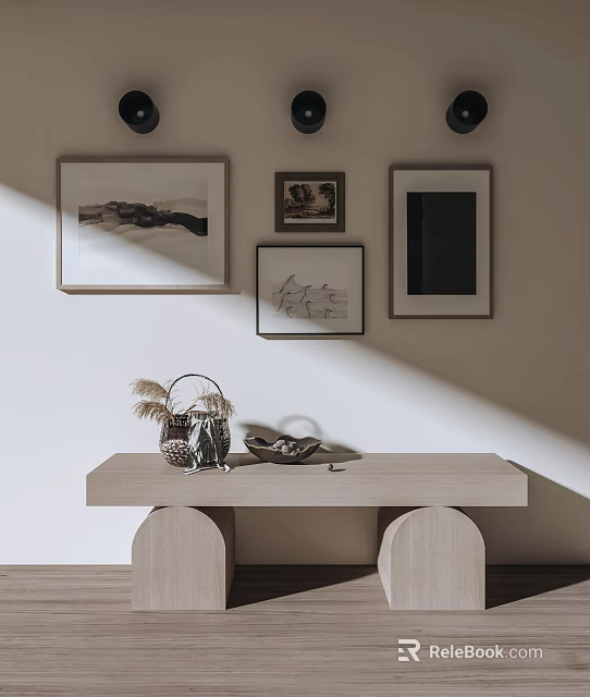 Interior Wall Decor With Framed Artworks And Wooden Console Table With Decorative Items 3d model