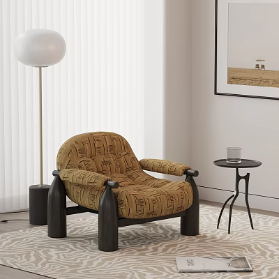 Brown Patterned Single Sofa With Black Armrests Legs And Side Table Floor Lamp 3d model