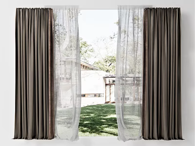Dark Colored Curtains With Sheer Panels For Natural Light And Green Outdoor View 3d model