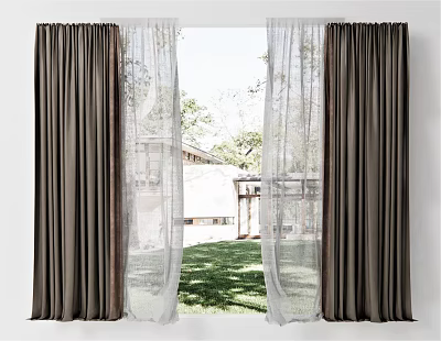 Dark Colored Curtains With Sheer Panels For Natural Light And Green Outdoor View 3d model