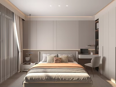 Modern Minimalist Bedroom Interior Design With Bed Nightstand Desk Chair Wardrobe And Curtains 3d model