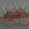Ancient War Chariot Featuring Wooden Structure Spikes Large Wheels And Jars