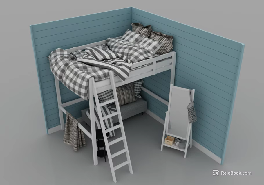 Kids Loft Bed with Plaid Bedding Light Blue Wooden Wall Ladder and Mirror 3d model 