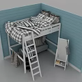 Kids Loft Bed with Plaid Bedding Light Blue Wooden Wall Ladder and Mirror