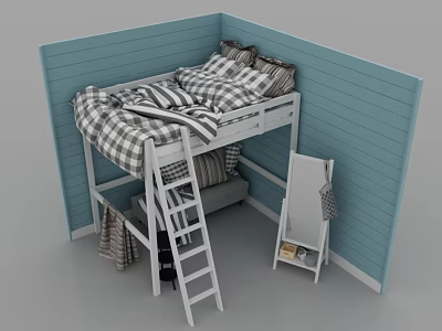 Kids Loft Bed with Plaid Bedding Light Blue Wooden Wall Ladder and Mirror 3d model