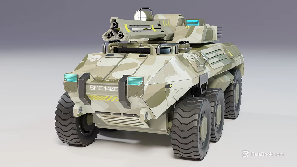 Wheeled Military Tank With Camouflage Paint SMC 428 Number Top Mounted Armament And LED Lights 3d model 