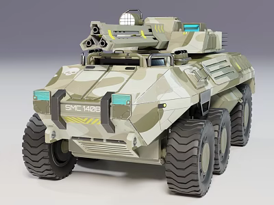Wheeled Military Tank With Camouflage Paint SMC 428 Number Top Mounted Armament And LED Lights 3d model