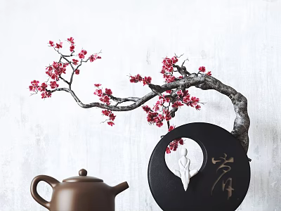 Elegant Bonsai Plant With Red Plum Blossoms Curved Branches And Teapot On White Background 3d model