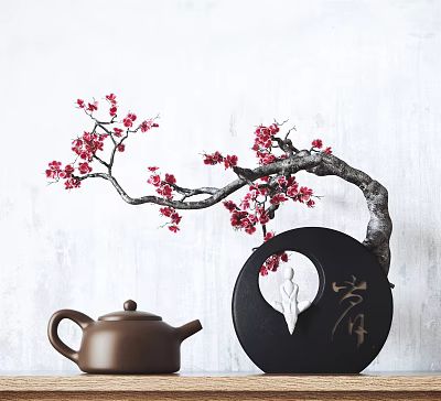 Elegant Bonsai Plant With Red Plum Blossoms Curved Branches And Teapot On White Background 3d model