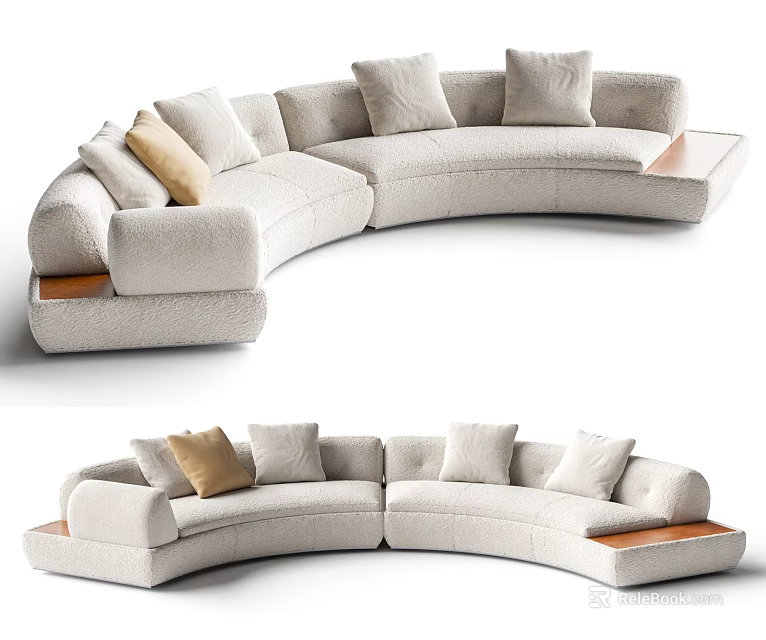 Elegant Modern Unique Shaped Curved Sofa With Light Fabric Cushions In Living Room 3d model 