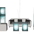 Modern Sofa and Coffee Table Set With Illuminated Blue Pillars And Gray Ottomans 3d model