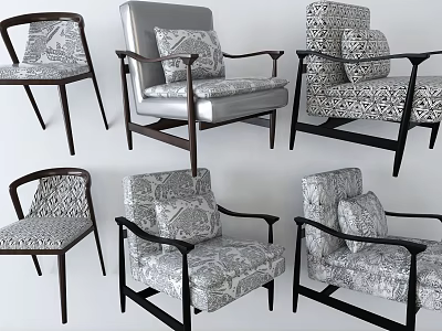 Mid-Century Modern Single Sofa Designs With Wooden Arms And Patterned Cushions 3d model