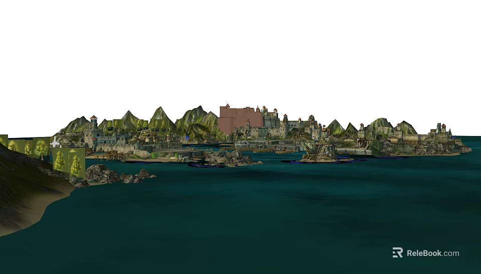 Scenic Landscape With Green Mountains Rocky Shores Water And Buildings 3d model 