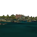 Scenic Landscape With Green Mountains Rocky Shores Water And Buildings