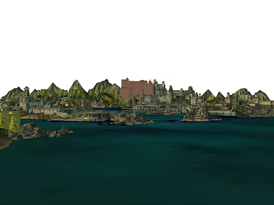 Scenic Landscape With Green Mountains Rocky Shores Water And Buildings 3d model