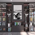 Modern Bookcase with Glass Doors Books Decorations and Central Painting