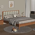 Wooden Double Bed with Padded Headboard Bedside Table Lamp Stuffed Rabbit Rug and Wall Art