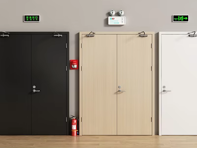 Fire Safety Equipment With Different Colored Doors Door Closers Fire Extinguishers And Exit Signs 3d model