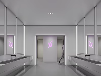 Modern Public Restroom Interior Design With Large Mirrors Washbasins And Pink Signage 3d model