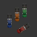 Four Colorful Toy Truck Models Blue Orange Green Red Arranged On Dark Reflective Surface