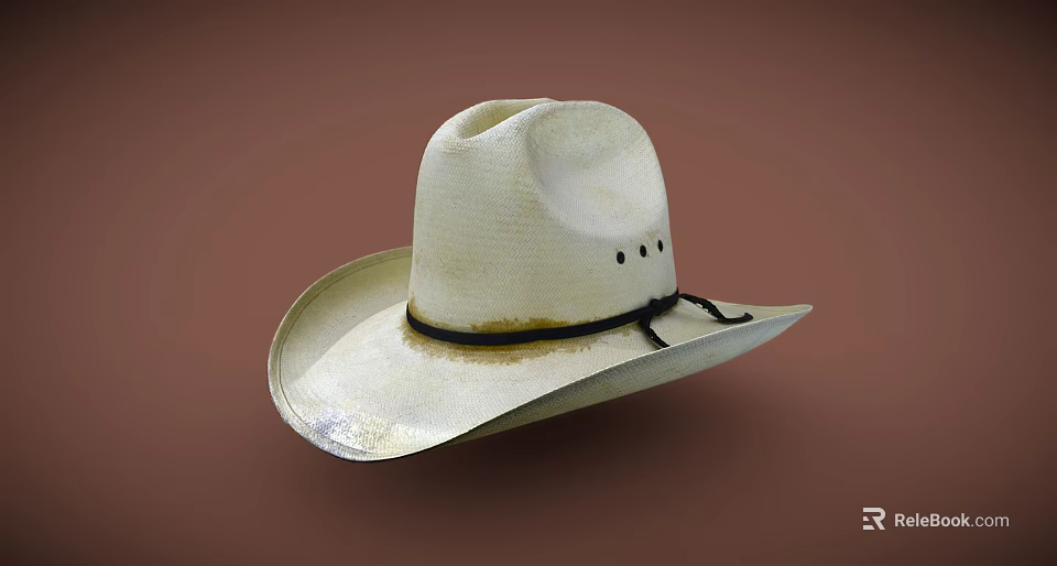 Classic White Wide Brimmed Straw Hat With Black Band Fashionable Design 3d model 