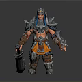 Man With Blue Hair In Silver Helmet And Armor Holding Sword Warrior Character