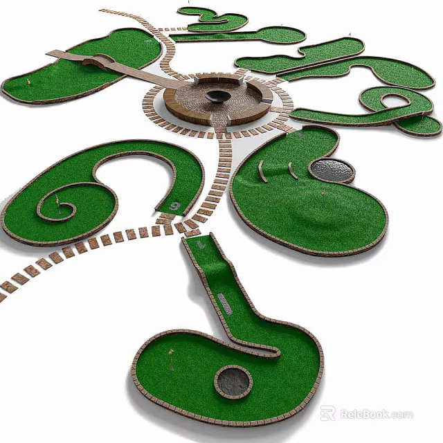 Mini Golf Sports Equipment For Outdoor Course With Green Turf Curved Paths And Holes 3d model 