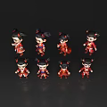 Multiple Cute Cartoon Characters In Red Traditional Costumes With Different Poses 3d model