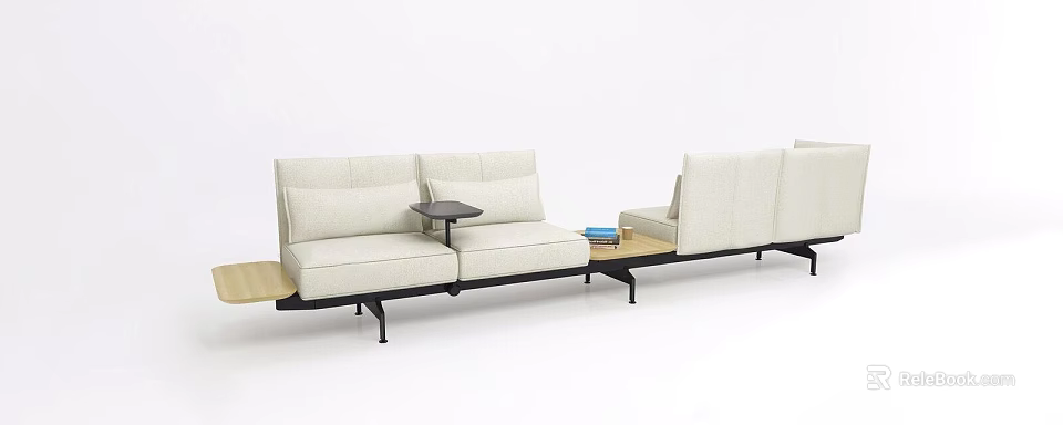 Light Beige Modern Minimalist Sectional Sofa With Small Side Table And Stack Of Books 3d model