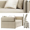 Modern Beige Sofa Bed With Soft Fabric Pillows And Underbed Storage Drawers 3d model