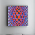 Modern Abstract Painting Featuring Blue Gray Red Geometric Patterns And Optical Illusion Wall Art