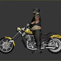 Yellow and Black Motorcycle With Flame Design And Tattooed Man In Helmet Standing Next