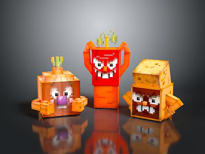 Minecraft Blocky Characters And Creatures With Orange Red Yellow Facial Expressions And Green Plant Decorations 3d model