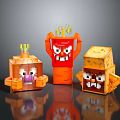 Minecraft Blocky Characters And Creatures With Orange Red Yellow Facial Expressions And Green Plant Decorations